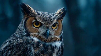 Wise Eyes of the Night: A captivating portrait of a majestic owl, its piercing gaze and intricate feather patterns are highlighted against a backdrop, evokes a sense of mystery and wonder.