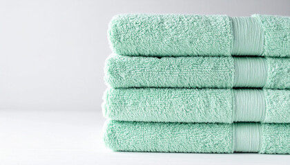 Stack of folded light green bath towels, soft texture, light. backdrop.