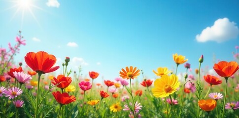 Obraz premium Wildflowers bloom brightly under a clear blue sky, wildflowers field, colorful flowers