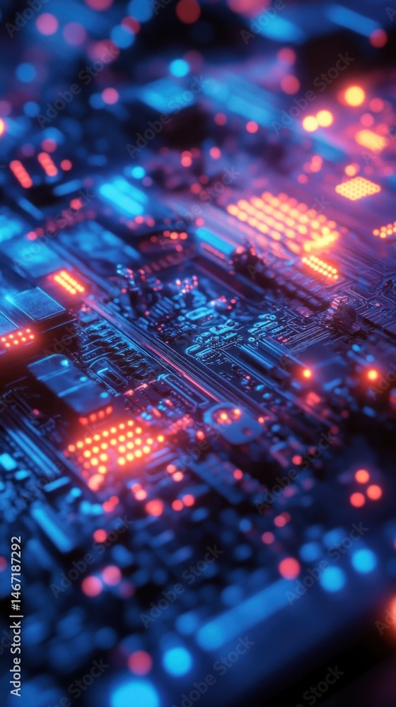Poster close-up of illuminated circuit board with red and blue glowing components.