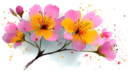 A delicate watercolor painting showcases two vibrant pink and yellow cherry blossoms on a branch with subtle grey watercolor background.