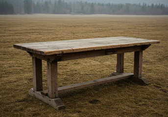 Fototapeta premium Rustic Wooden Table in Serene Meadow Landscape Foggy Autumn Day