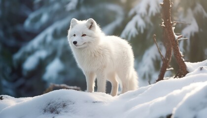 Obraz premium A Arctic fox stand in the middle of a snowy pine and rock forest