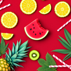 Tropical fruits on red background with summer vibe