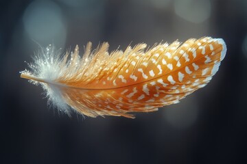 Fototapeta premium Striped owl feather with fluffy edges, mid-air softness, floating in air, macro texture, natural light, soft ambient style, symbolic feather set