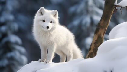 Obraz premium A Arctic fox stand in the middle of a snowy pine and rock forest