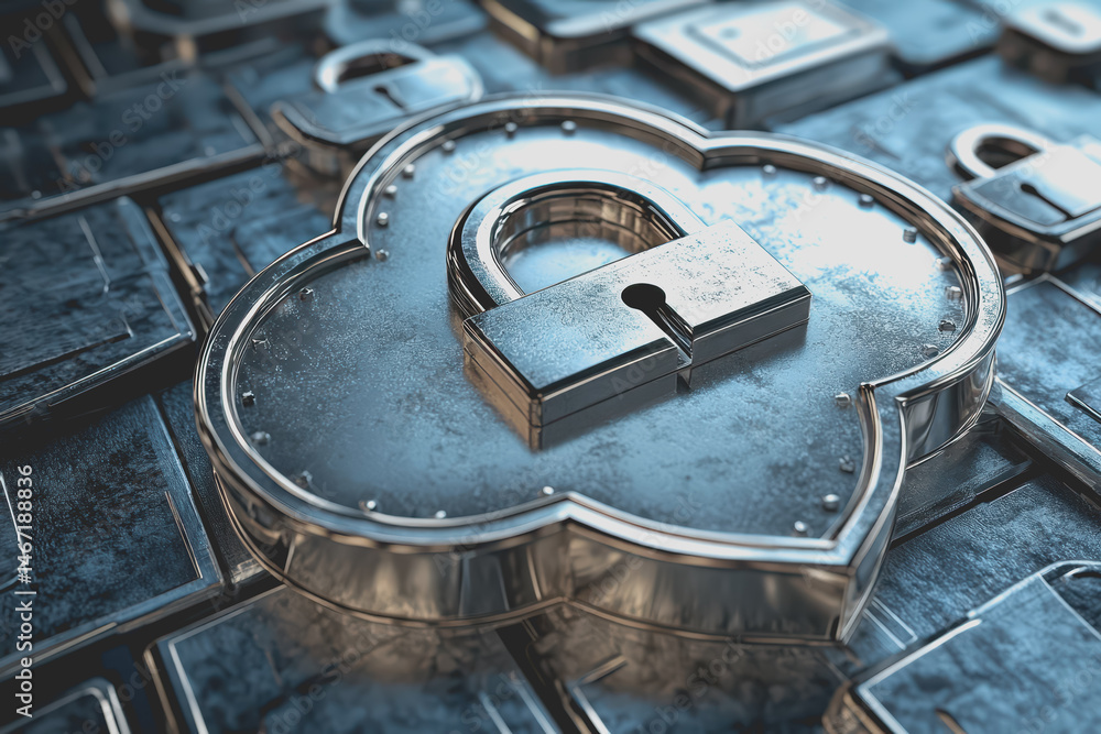 Poster abstract cloud surrounded by padlocks and shields represents the security aspect of cloud computing.