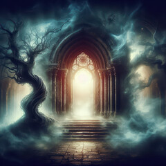 Fototapeta premium Mysterious ancient ruins with fog and twisted trees at twilight revealing an ethereal portal
