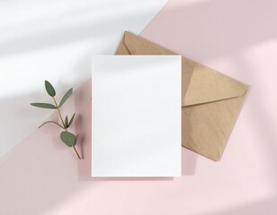 Blank Paper Mockup With Envelope And Eucalyptus Branch