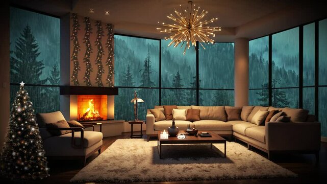There is a Christmas tree inside the cozy room, a fireplace, candles burning, coffee smoke, a sofa set, a chandelier, and it's nice to see the rain pouring down outside the window.	
