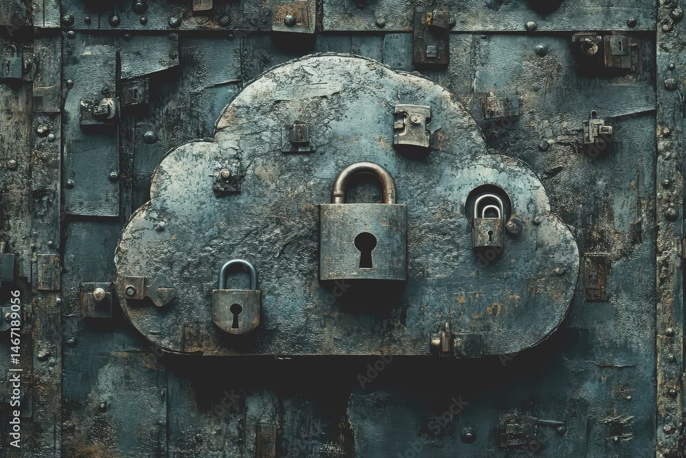 Poster abstract cloud surrounded by padlocks and shields represents the security aspect of cloud computing.