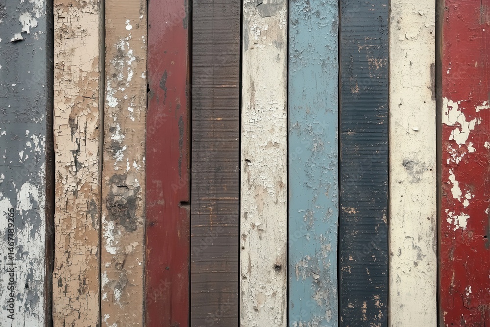 Aufkleber colorful planks of wood with peeling paint create a textured surface. use as a weathered background 