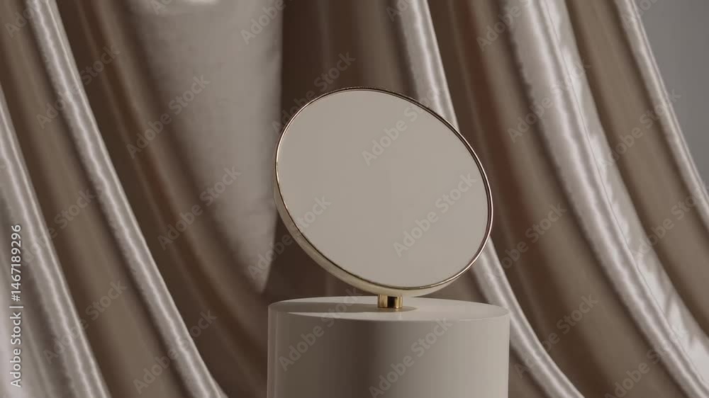 Poster rotating mirror display with elegant draped curtain background in high definition