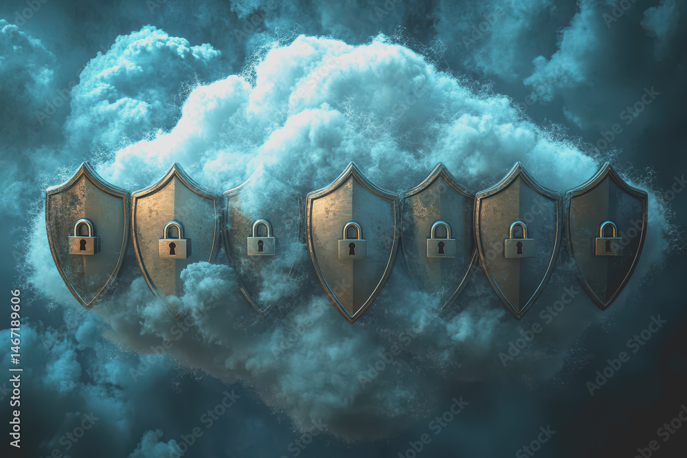 Poster abstract cloud surrounded by padlocks and shields represents the security aspect of cloud computing.