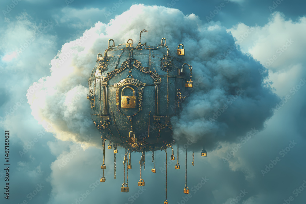 Poster abstract cloud surrounded by padlocks and shields represents the security aspect of cloud computing.