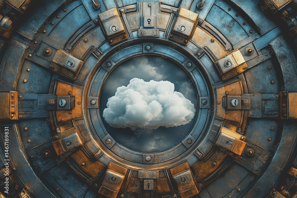 Poster abstract cloud surrounded by padlocks and shields represents the security aspect of cloud computing.