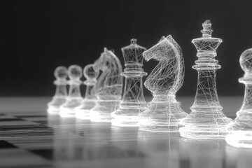 Chess pieces arranged in a futuristic design illuminate a dark background, showcasing a captivating blend of art 