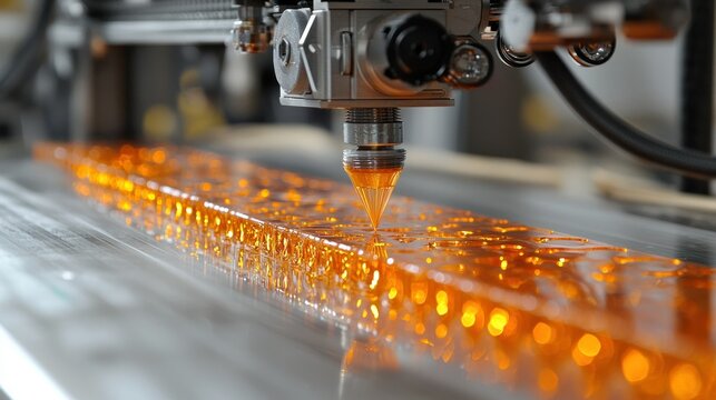 Automated production line with  precise application of material to plastic blocks.  Close-up view of a high-tech manufacturing process