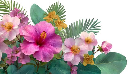 Vibrant pink hibiscus flowers and tropical foliage create a lush and exotic floral arrangement perfect for summer designs and backgrounds.