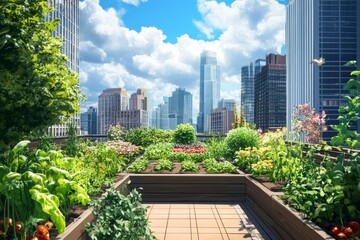 Fototapeta premium Urban rooftop garden with city view, a flourishing green space.
