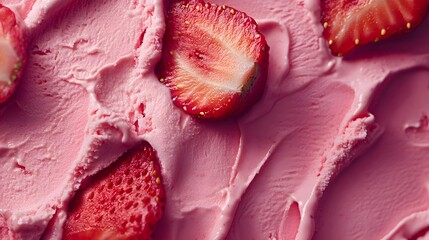 3. Close-up of vibrant strawberry ice cream with fresh strawberry slices on top, highlighting the creamy consistency