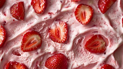 3. Close-up of vibrant strawberry ice cream with fresh strawberry slices on top, highlighting the creamy consistency