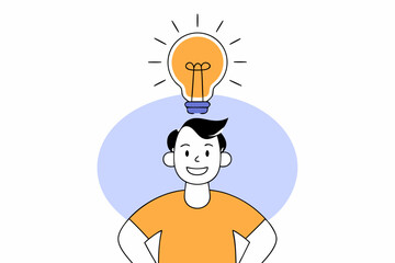 Man with lightbulb over head in flat style, blue and orange colors, symbol of inspiration