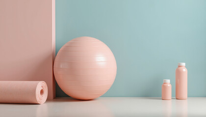 This workout space showcases a pink exercise ball, rolled mat, and two small bottles, all set against a soft blue background, creating a calm atmosphere