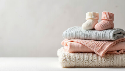 A stack of soft baby clothes in pastel colors including sweaters and blankets, topped with tiny knitted booties, perfect for a nursery decor