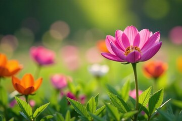 Close-up of vibrant wildflowers emerging from a lush spring meadow, spring, natural, earth tones