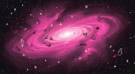 Pink galaxy illustration full of sketched cartoon figures and stars for creative projects