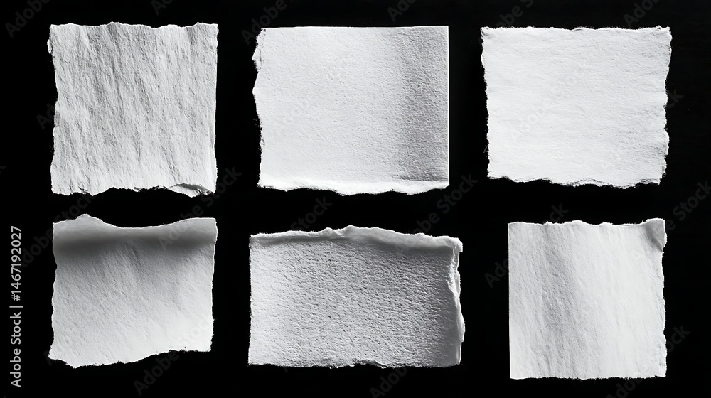 Poster six torn paper sheets on black background displaying unique edges