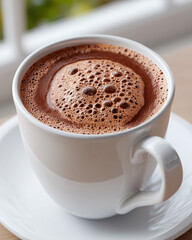Fototapeta premium Close-Up of Fresh Hot Chocolate with Rich Foam in White Ceramic Mug on Saucer – Cozy Beverage Photo