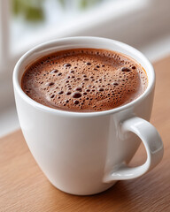Obraz premium Close-Up of Foamy Hot Chocolate in White Mug on Wooden Table by Window – Cozy Morning Beverage Scene