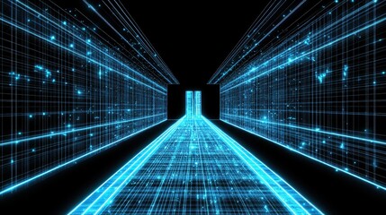 Obraz premium Futuristic digital network tunnel visualization with abstract light trails for data transmission and connectivity concept