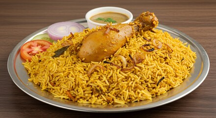 Juicy Chicken Biryani on Plate with Rich Background