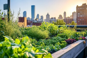 Fototapeta premium Urban rooftop garden flourishing in the morning light.
