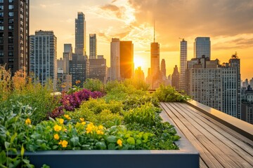 Urban rooftop garden at sunset with city view.