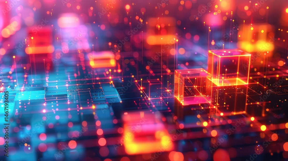 Poster abstract picture of neon light particle with digital technology style design connecting become dynam