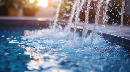 A tranquil pool scene featuring a gentle waterfall cascading into clear blue water.