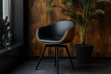 Black leather chair with wood frame near potted palm tree against wood panel. This image represents interior design, modern living, and comfortable furnishings.
