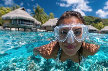 Naklejka premium a woman swimming in the clear blue water at an island resort with thatched-roof bungalows and lush greenery