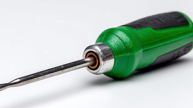 Green Screwdriver Close-Up: A green-handled screwdriver lies on a white background, its steel tip sharp and ready to tighten, illustrating the precision and power of this essential tool.