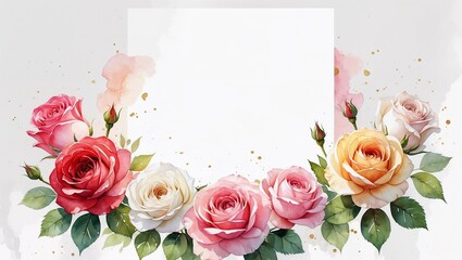 White mockup letterhead with a frame of wonderful watercolor roses design template