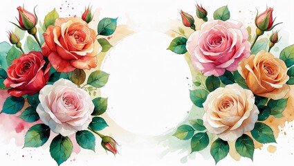 Beautiful colorful roses greeting holiday card with round text frame design template.