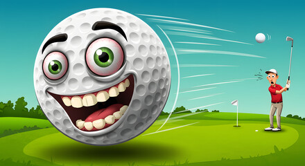 Golf Cartoon: Happy Ball's Enthusiastic Flight