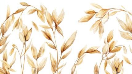 Watercolor painting of beige oat stalks and seeds on white background.
