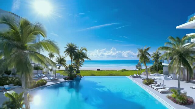 南国の高級リゾートホテルにあるインフィニティプールと海を望む青空の絶景