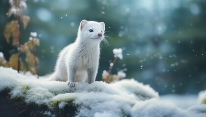 Obraz premium Snow marten with his child standing in the arctic regions green frost forest, rare view in the arctic, rare animal sighting in snowy forest