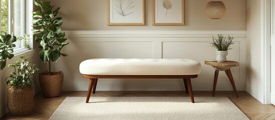 Cream Bench with Wood Legs in a Light Beige Room